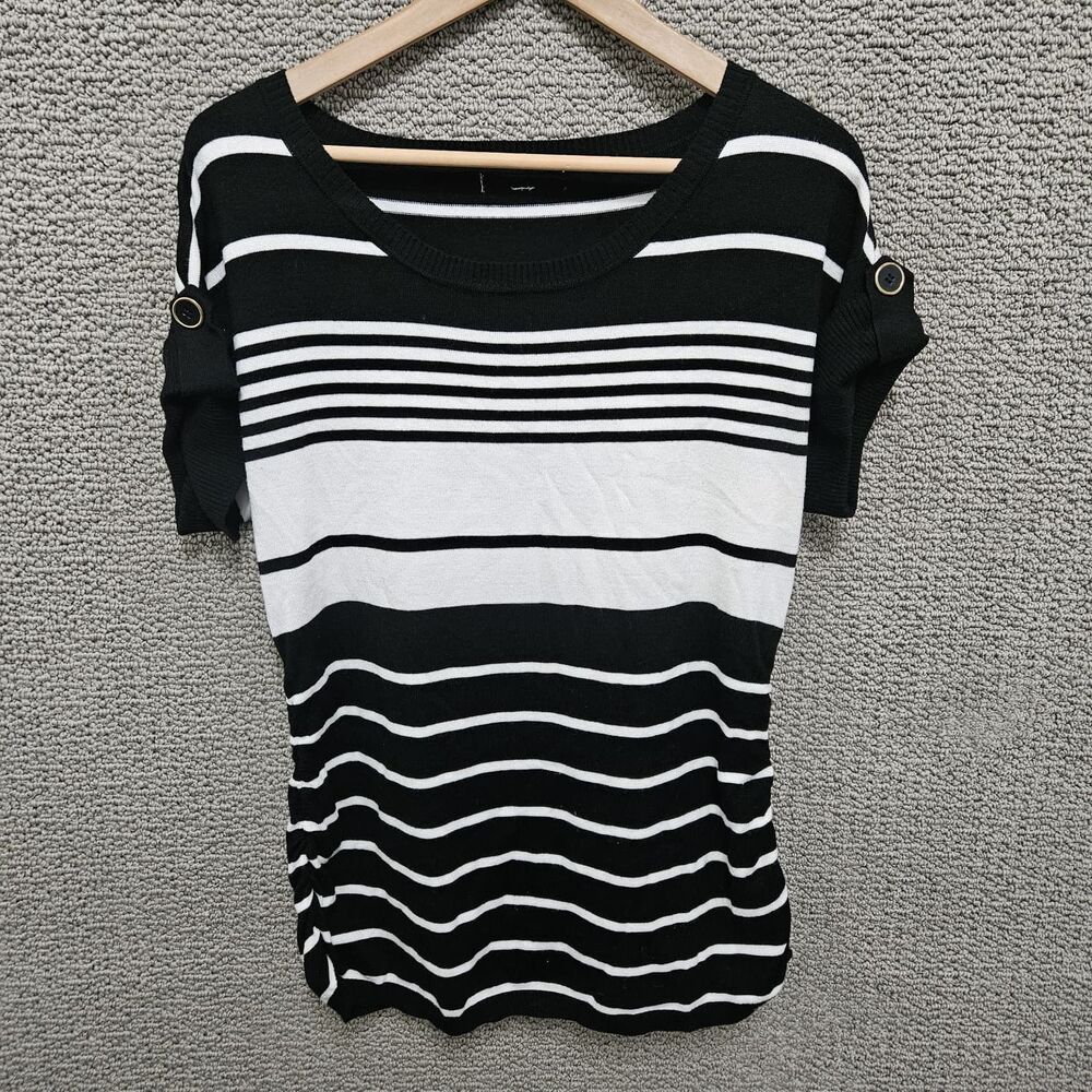 WOMEN’S Black White Striped Knit Top Button Sleeve Stretch Size M